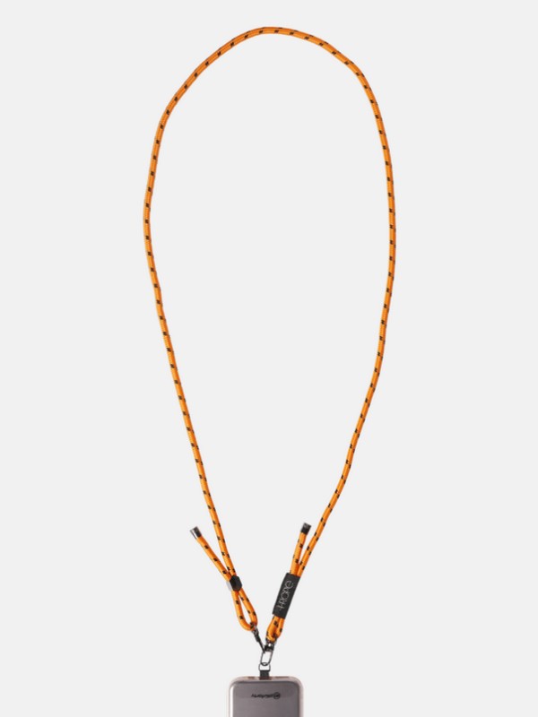 Portacellulare da collo in cotone color arancio con moschettoni e finiture metalliche